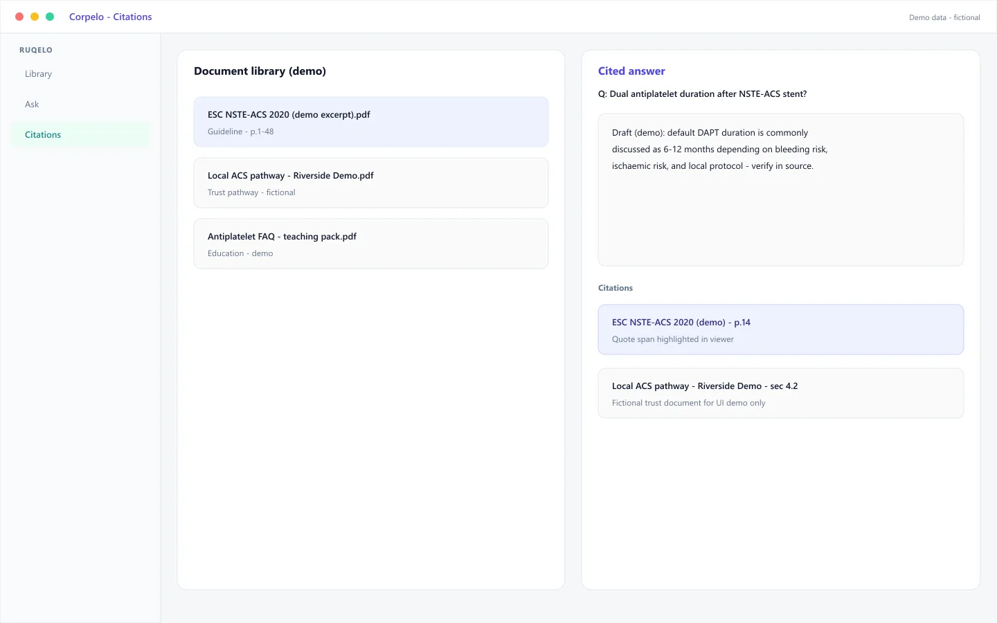 Demo Corpelo citations view with fictional guideline PDFs and page-linked answer spans