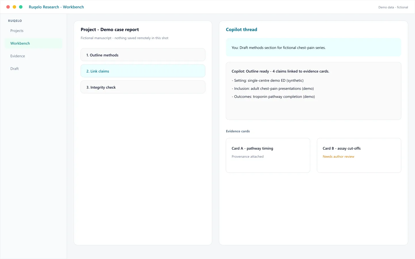 Demo Ruqelo Research workbench with fictional case-report project, copilot thread, and evidence cards