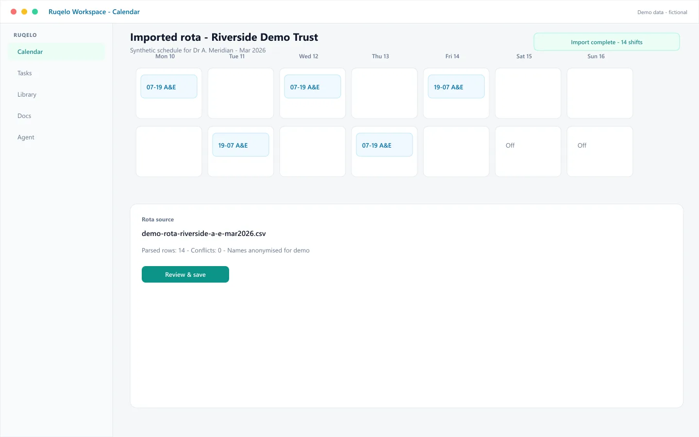 Demo Ruqelo Workspace calendar showing a synthetic imported rota for Dr A. Meridian at Riverside Demo Trust