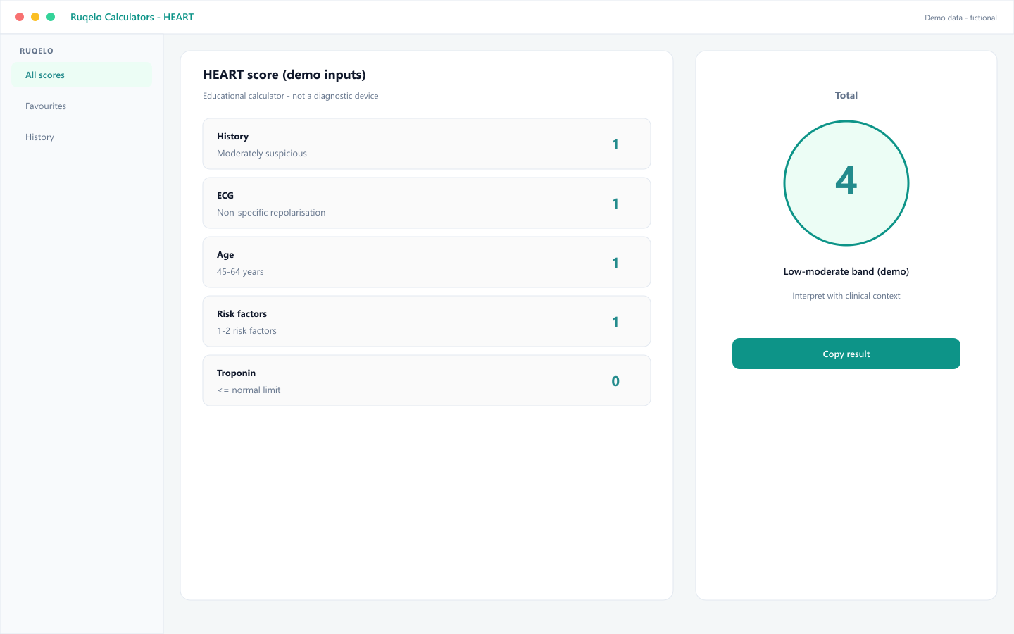 Demo Ruqelo HEART score calculator with synthetic educational inputs totaling four