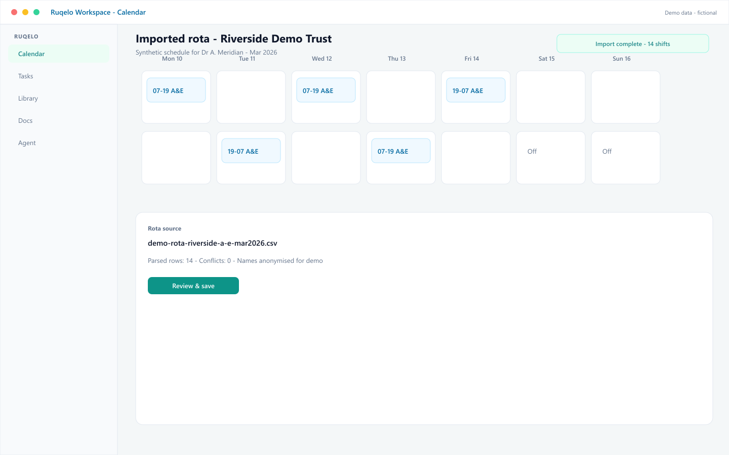 Demo Ruqelo Workspace calendar showing a synthetic imported rota for Dr A. Meridian at Riverside Demo Trust